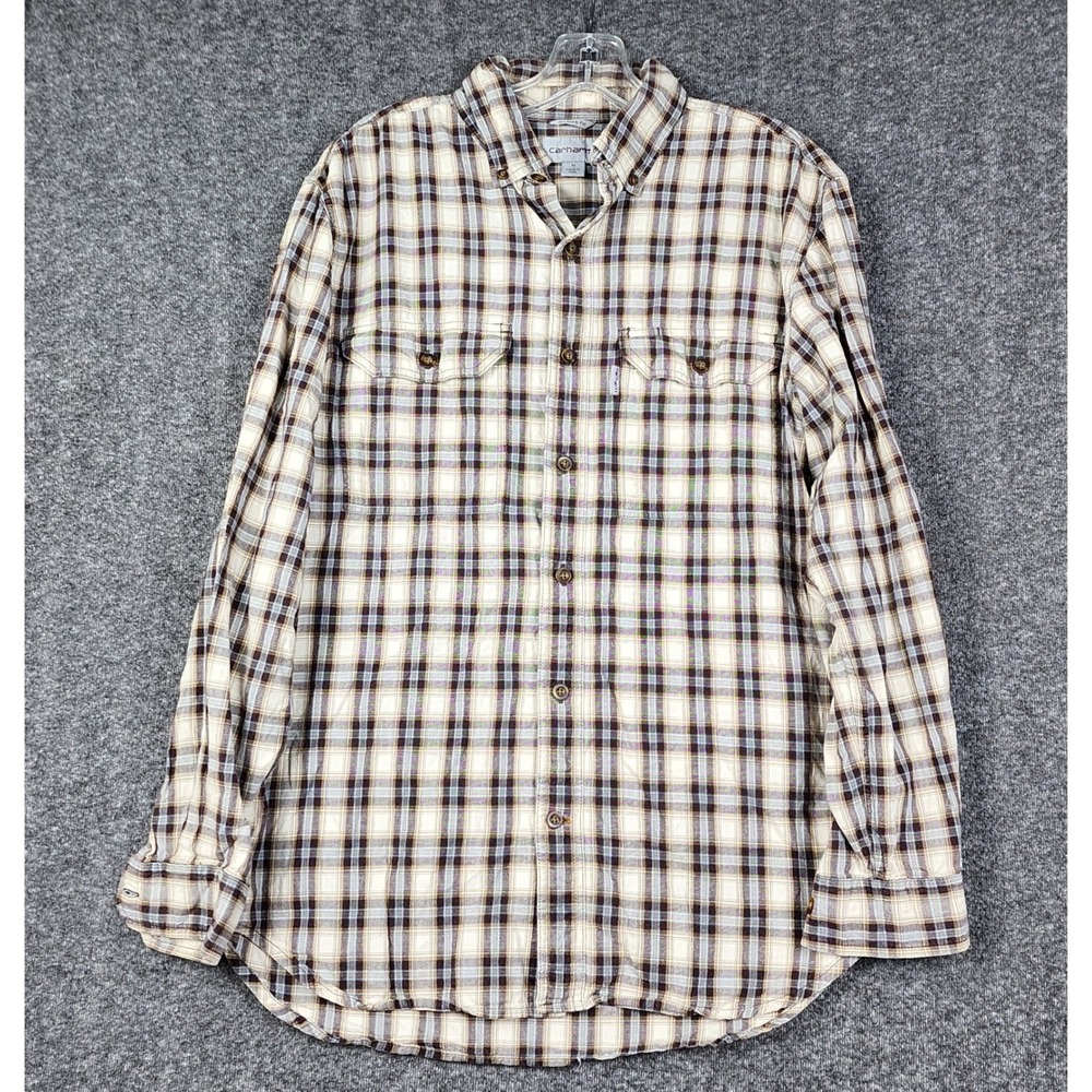 Carhartt Button Down Shirt Mens M Brown Plaid Relaxed Fit Long Sleeve Cotton